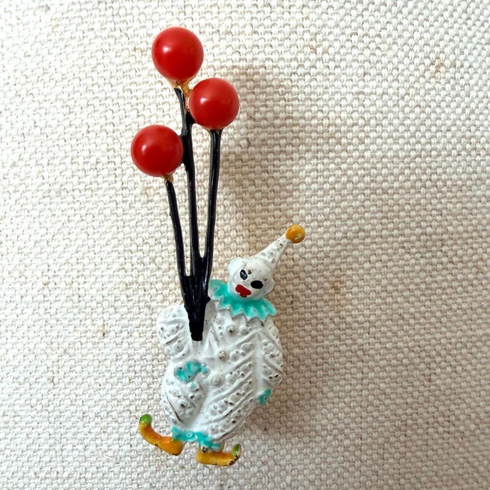Vintage Enamel Clown Juggling Red Balloons Gold Tone Brooch